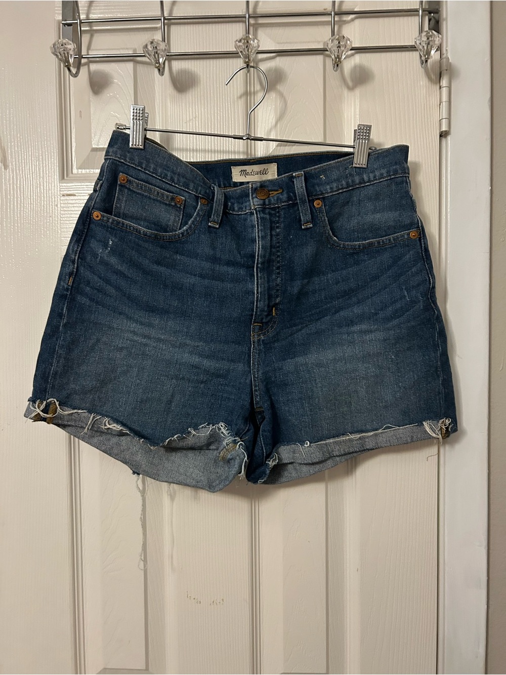 Madewell Distressed High-Rise Jean Shorts in Dark Blue Denim